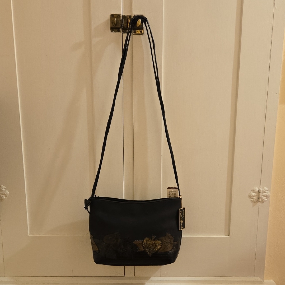 NWT vintage Valerie Barad black shoulder bag with decorative leaves